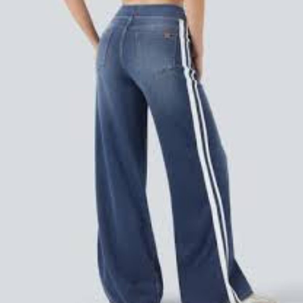21-NWOT HALARA HIGH WASTED STRIPE WIDE LEG JEANS WITH POCKETS -L REGULAR - Picture 2 of 3
